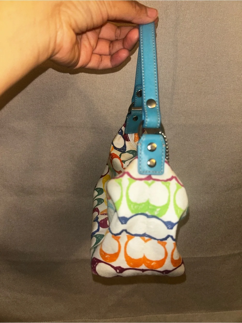 Coach Multicolor Signature Canvas Shoulder Bag with Teal Handle